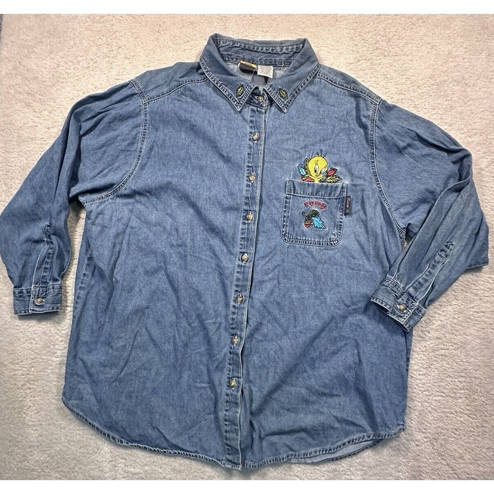 Vintage Y2K Looney Tunes‎ Embroidered Chambray Button Up Shirt Women's 22W/24W